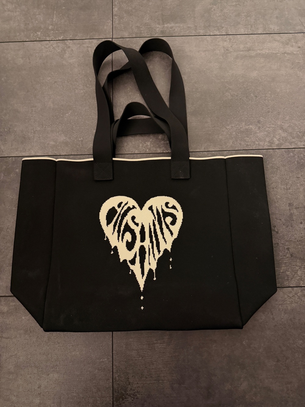 All Saints Black Tote with Cream Drip Heart Motif